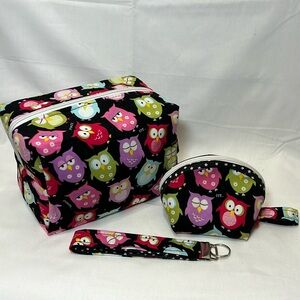 Handmade Owl Print Cosmetic Bag Set - Black